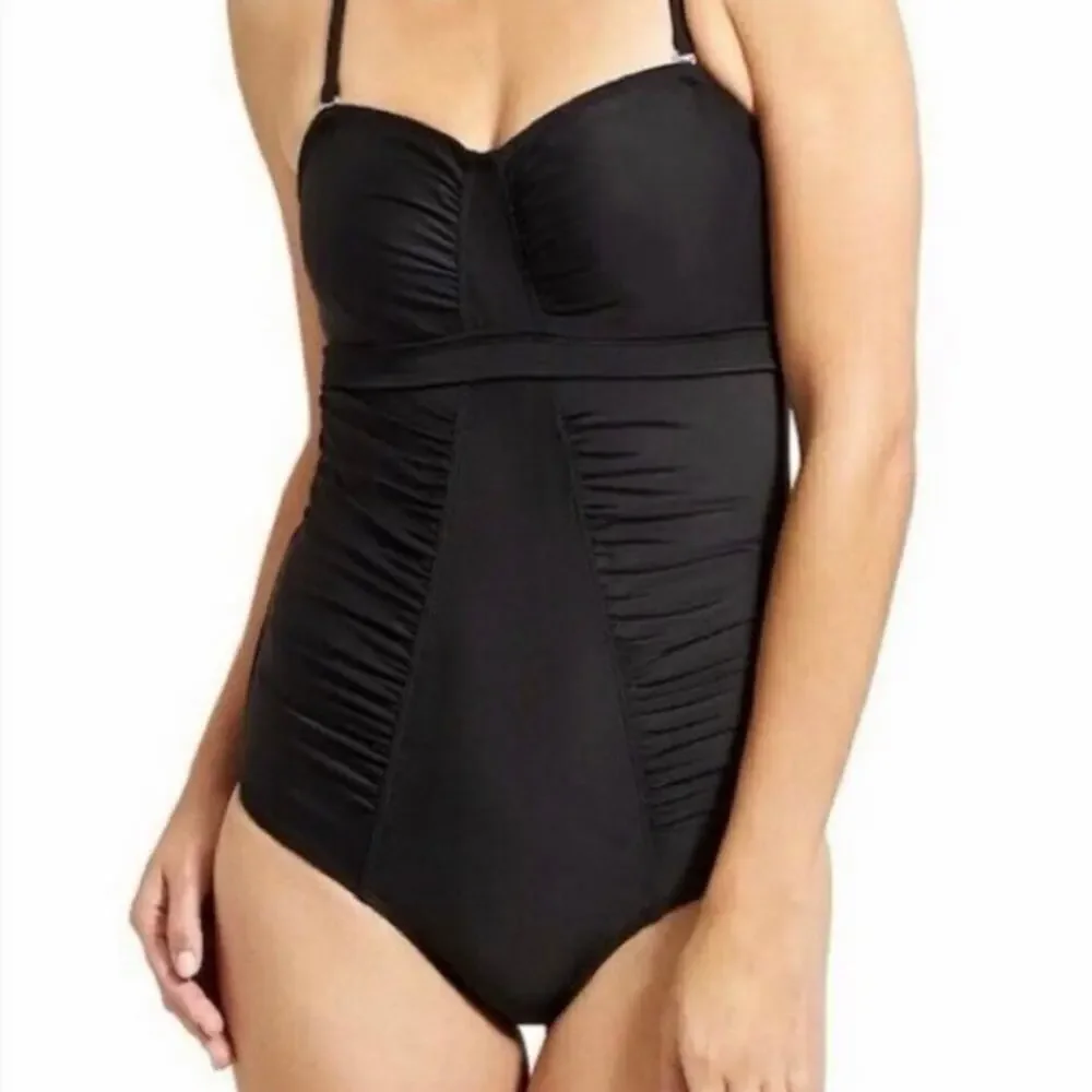 Athleta Black Ruched One Piece Swimsuit Open Back Bandeau 34 B/C